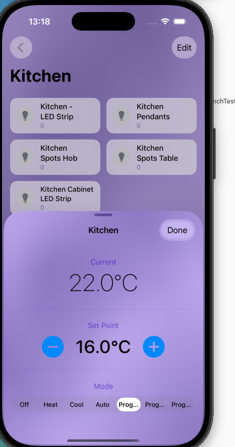 Domio app showing Kitchen room with device controls and thermostat